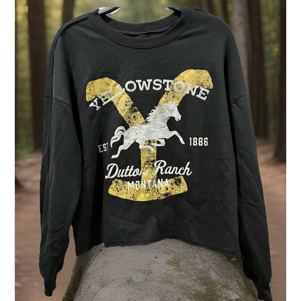 Women’s Yellowstone Dutton Ranch Graphic Cropped Black Crewneck  Sweatshirt Sz L